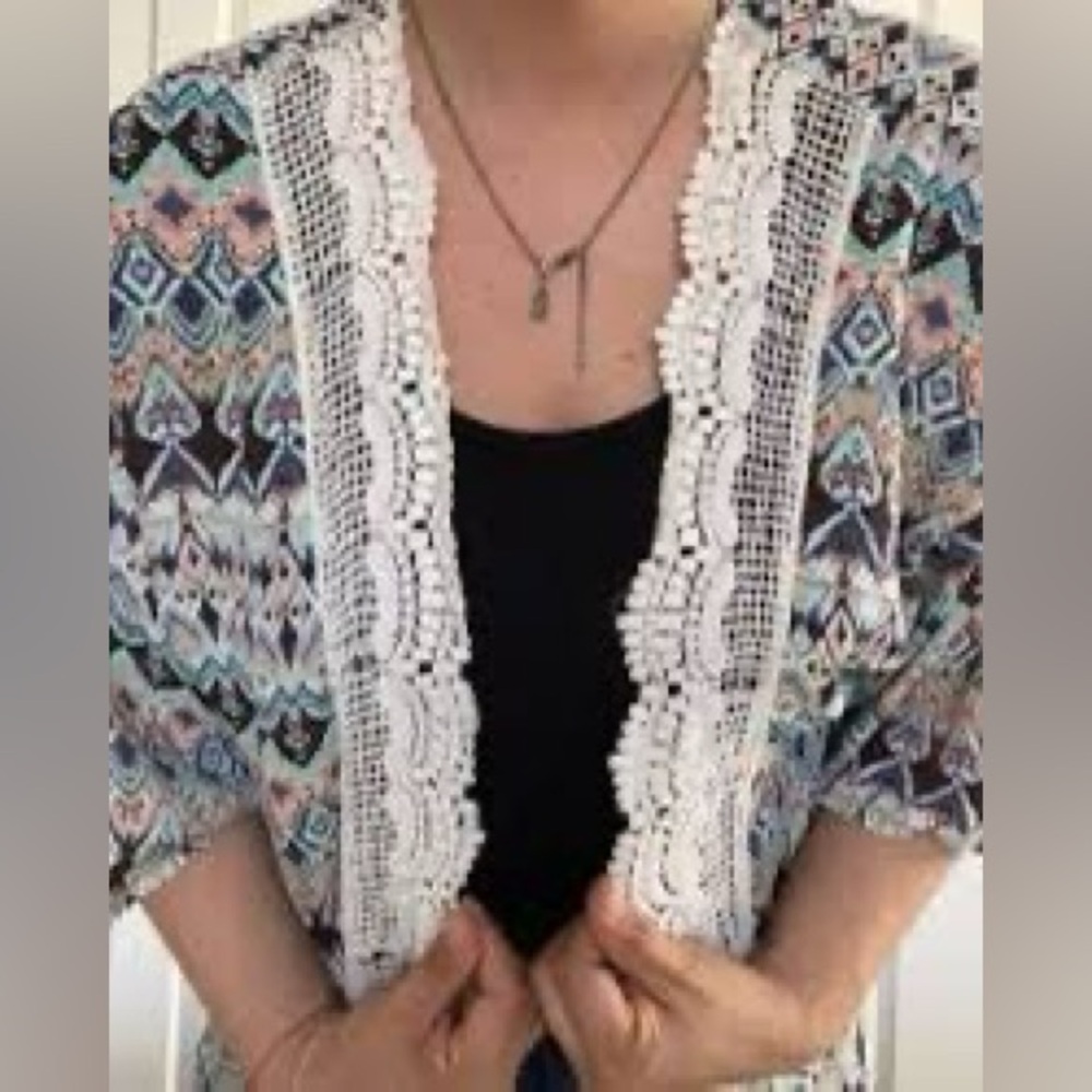 Xhilaration Multicolor Patterned Open Front Cardigan with Lace size L/XL